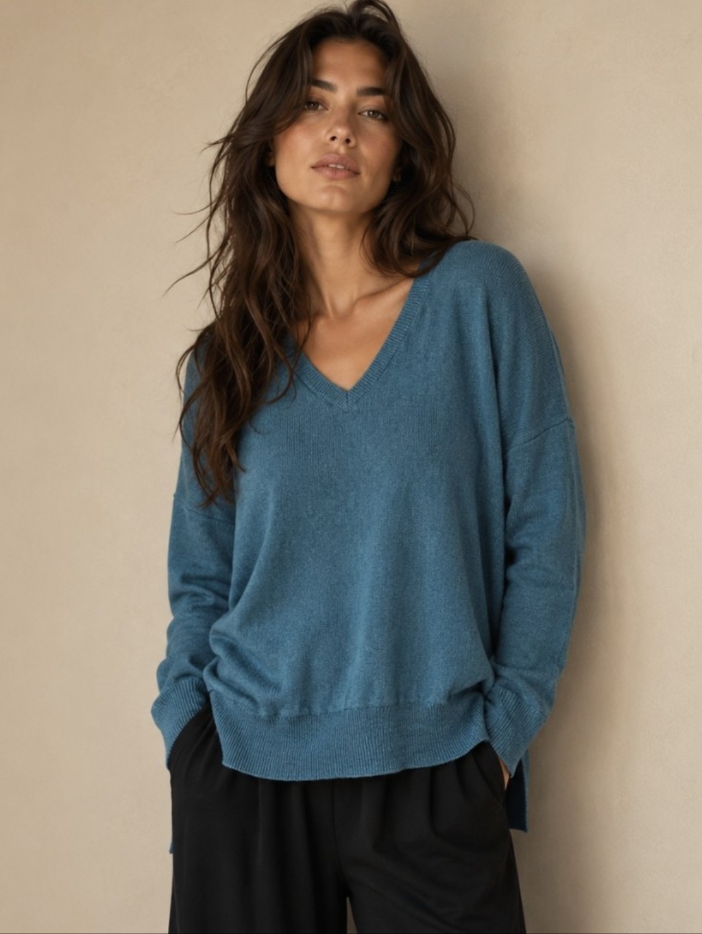 Eileen Fisher 100% Merino Wool Sweater Teal V-Neck Dolman Oversized Women's Sz S